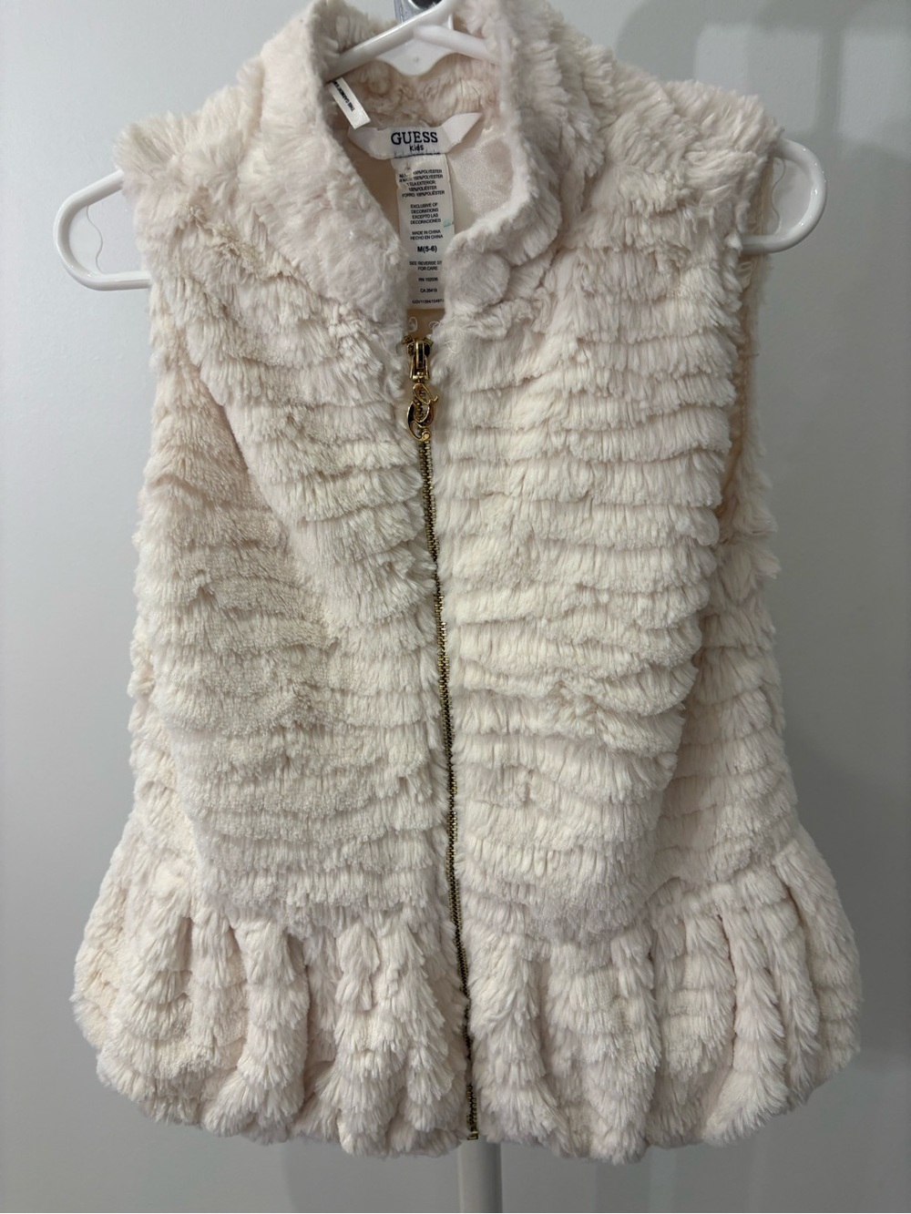 Kids GUESS Cream Faux Fur Ruffle Hem Vest